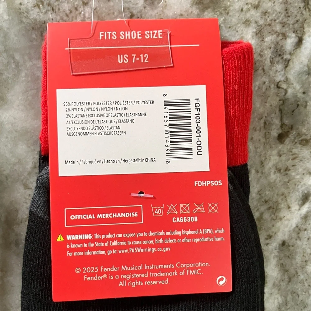 Fender Black and Red Guitar Design Socks 2 pair (1-ankle, 1-crew)